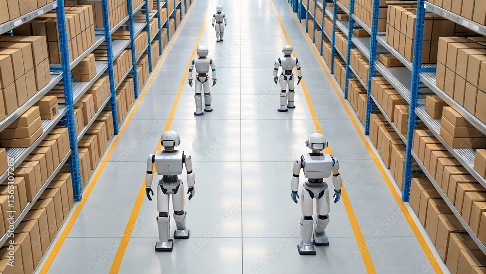 Poster smart robots navigate ecommerce warehouse efficiently organizing packages and enhancing productivity