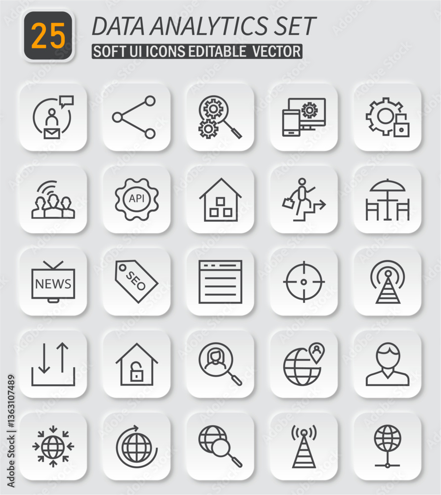 Aufkleber essential data analytics icon set for web design and application interface projects