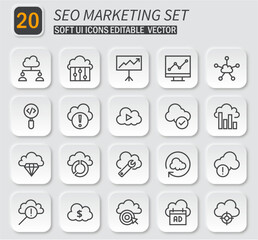 Cloud-Based SEO Marketing Icon Set: Soft UI Editable Vector Pack for Digital Strategy