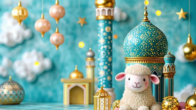 Adorable sheep toy in dreamy middle eastern setting with lanterns and clouds. Eid al-Adha Mubarak. Kurban Bayram