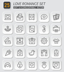 Elegant romance and love outline icons set, editable vector design for websites
