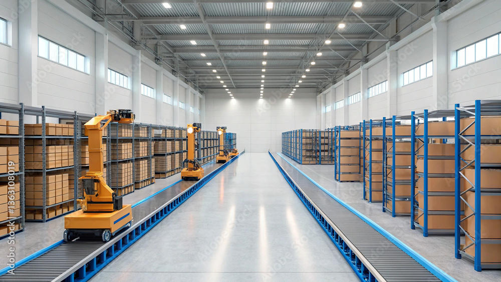 Poster efficient smart technology enhances ecommerce operations in spacious warehouse filled with organized