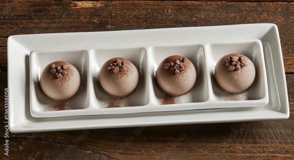 Poster gourmet chocolate truffles displayed on porcelain white tray with shadow contrast and spherical patt