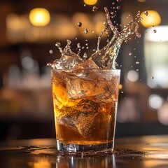 A Splash of Refreshment: A close-up view of a refreshing drink, ice cubes creating a dynamic splash within the crystal-clear glass, evoking a sense of cool relaxation. 