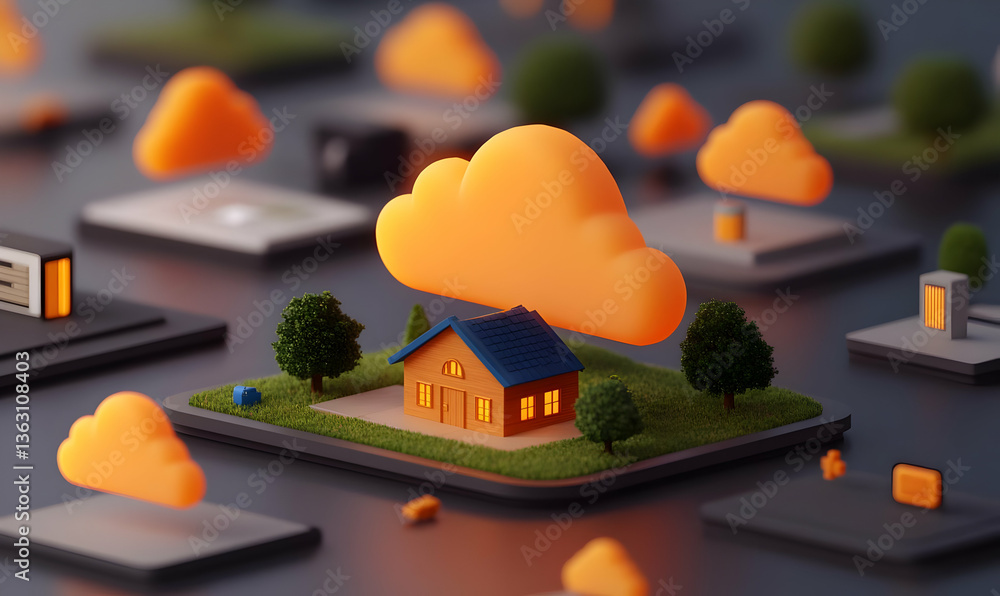 Poster secure cloud wallet concept with home and orange clouds visualization