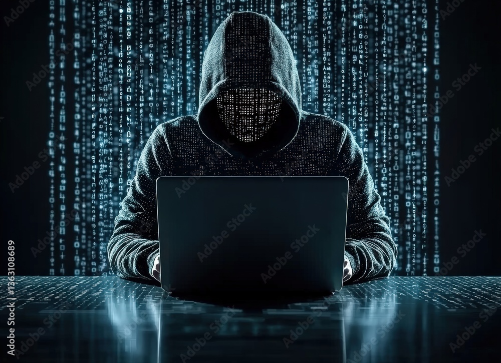 Leinwandbilder Hacker in hoodie and mask programming a cyber attack with laptop and binary code