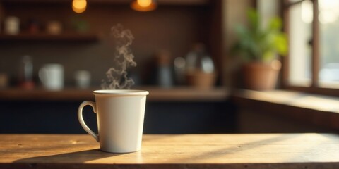 Obraz premium A steaming cup of comforting beverage rests on a sunlit wooden surface in a cozy, tranquil interior setting.