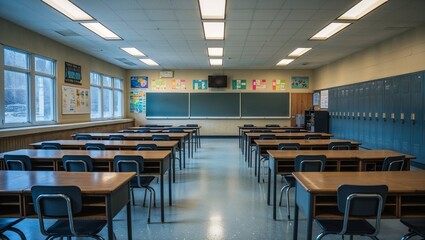 Empty classroom with desks and chalkboard ready for students learning
