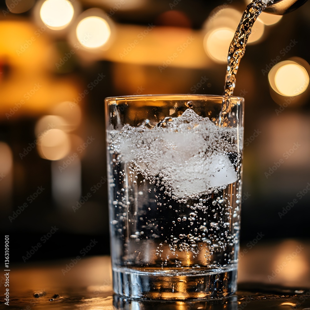 Poster sparkling refreshment: a glass of clear water is expertly poured over ice cubes, creating an invigor