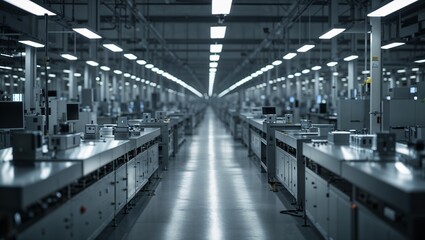 Modern empty industrial production line conveyor belt manufacturing plant