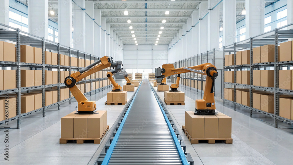 Poster automated robots efficiently manage smart ecommerce operations in modern warehouse environment
