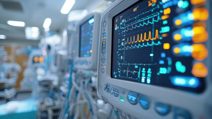 A hospital intensive care unit with a blurred background, vital monitors and equipment visible