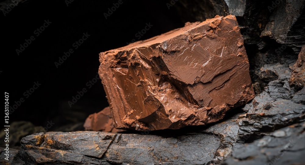 Poster chunk of brown truffle chocolate with rough broken edges displayed on stone with ambient lighting sh