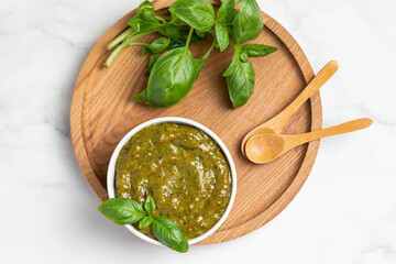 homemade pesto sauce, basil, olive oil, parmesan