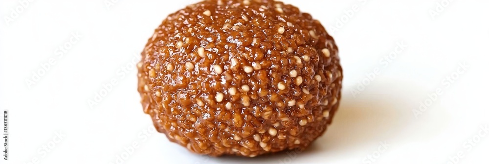 Poster round golden dessert truffle with sesame coating placed in center of minimal background showing cris