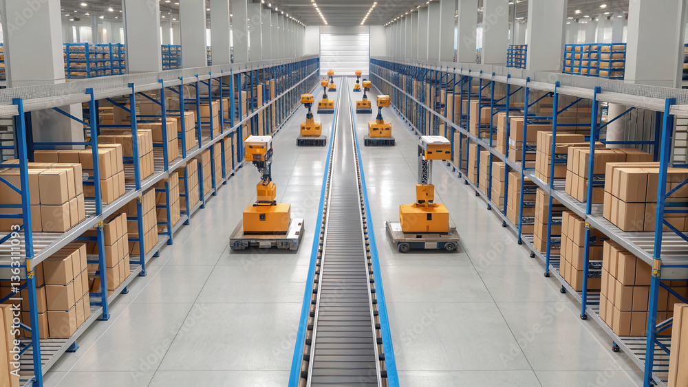Poster efficient smart ecommerce solutions enhance warehouse operations with automated robots moving boxes 