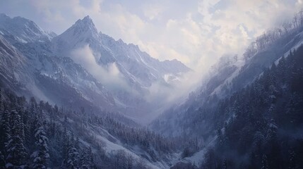 Obraz premium Majestic snow-covered mountains with pine forests and misty valleys in winter