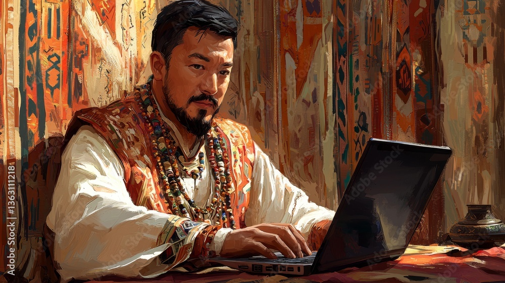 Poster focused man engaged in work on a laptop computer while seated at a modern desk in a brightly lit wor
