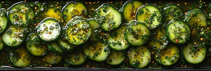 Appetizing slices of pickled cucumbers marinated in vinegar with herbs and spices. Homemade, culinary masterpiece. Banner, background, post on networks, postcard, culinary blog, recipe book, tips 