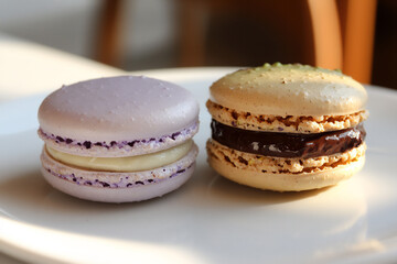 Fototapeta premium close-up shot of two delicate macarons on a white plate,