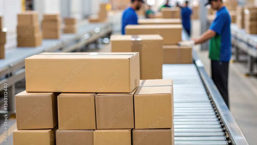 Poster efficient smart ecommerce solutions thrive in busy warehouse where packages are expertly sorted and 