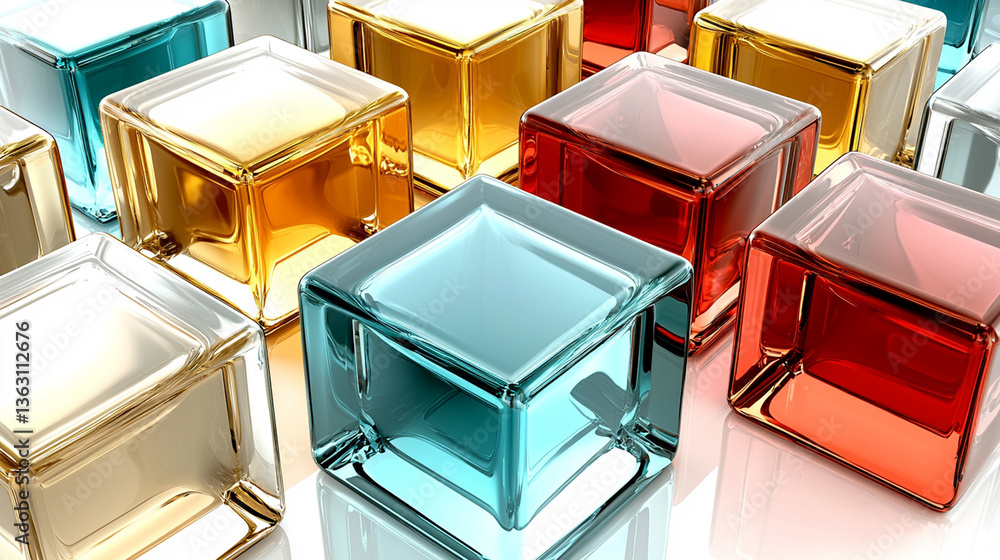 Aufkleber assorted colored translucent cubes line the scene with shiny highlights and reflections