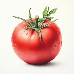 A ripe, fresh red tomato with green leaves against a plain white background, showcasing an organic vegetable ingredient for cooking salads or snacks, highlighting natural agriculture and botany with