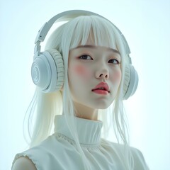 portrait of a carefree futuristic albino woman of Asian descent, wearing sleek futuristic headphones, lost in her music with a serene expression, surrounded by a bright white minimalist background,