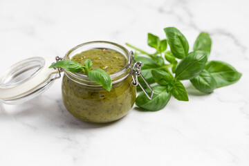homemade pesto sauce, basil, olive oil, parmesan