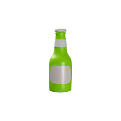 Green glass beer bottle with label and closed lid 3D plastic style vector icon, volume unopened container for beverage