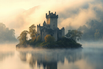Fototapeta premium Castle on small island in lake with surrounding trees, under overcast sky.