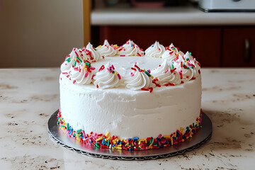 White frosted cake with colorful sprinkles celebration dessert