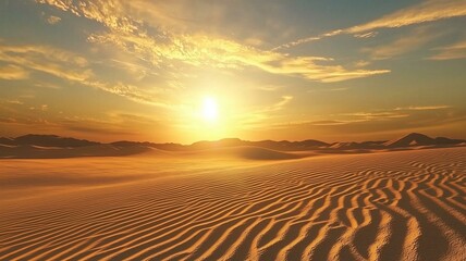 Naklejka premium Photorealistic view of a sandy desert with high dunes, rippling patterns, and golden sunlight in the background 