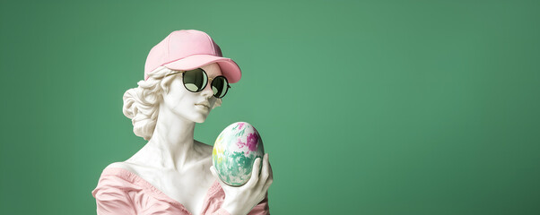 young woman statue wearing goggles, pink cap & spring dress, holding an abstract easter egg, isolated over emerald green background with copy space