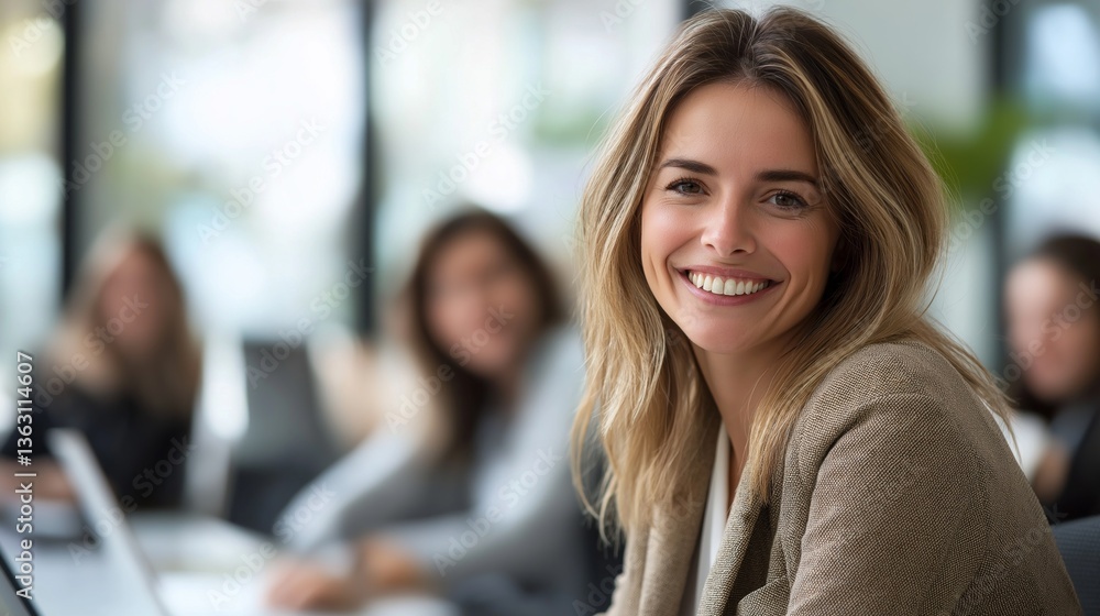 Poster a confident woman beams with joy while contributing to a dynamic business meeting filled with collab