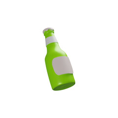 Green glass beer bottle with label 3D plastic style vector icon, volume unopened container for beverage, alcohol drink