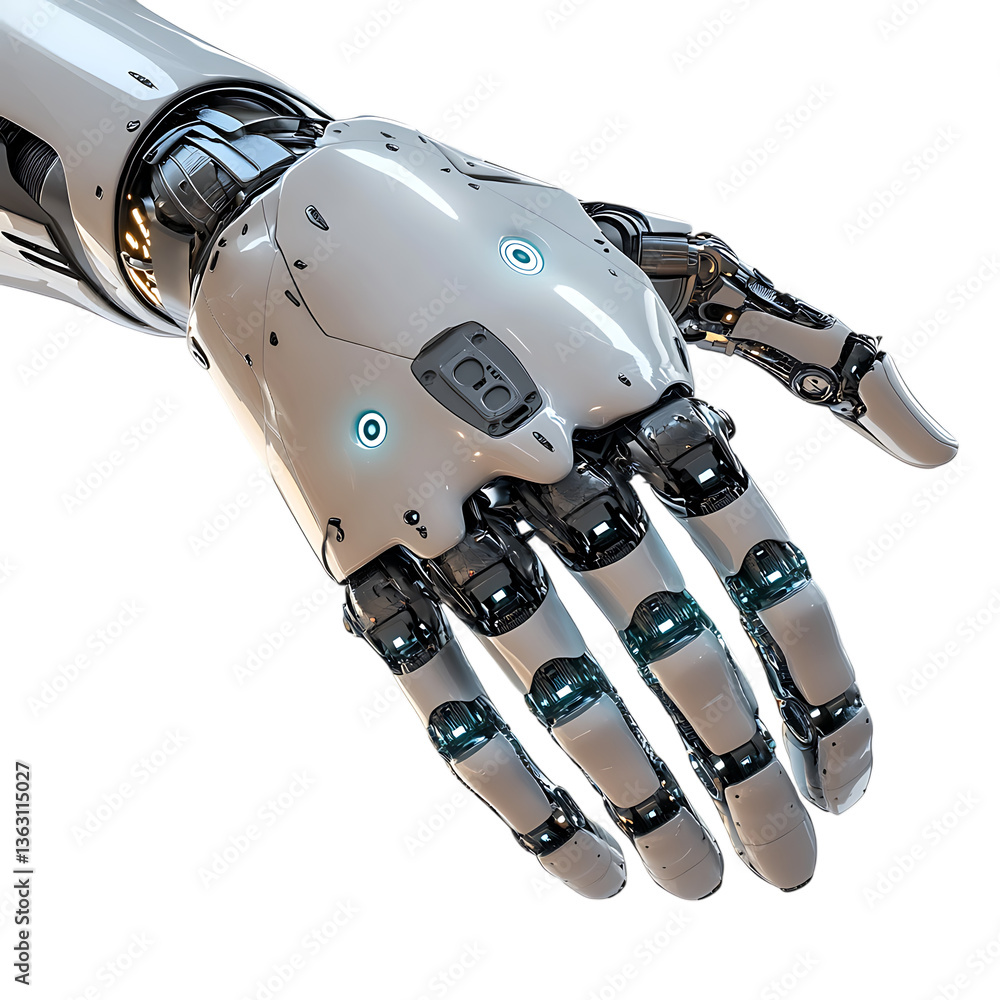 Poster a close up view of a white and chrome robotic hand against trasparent background