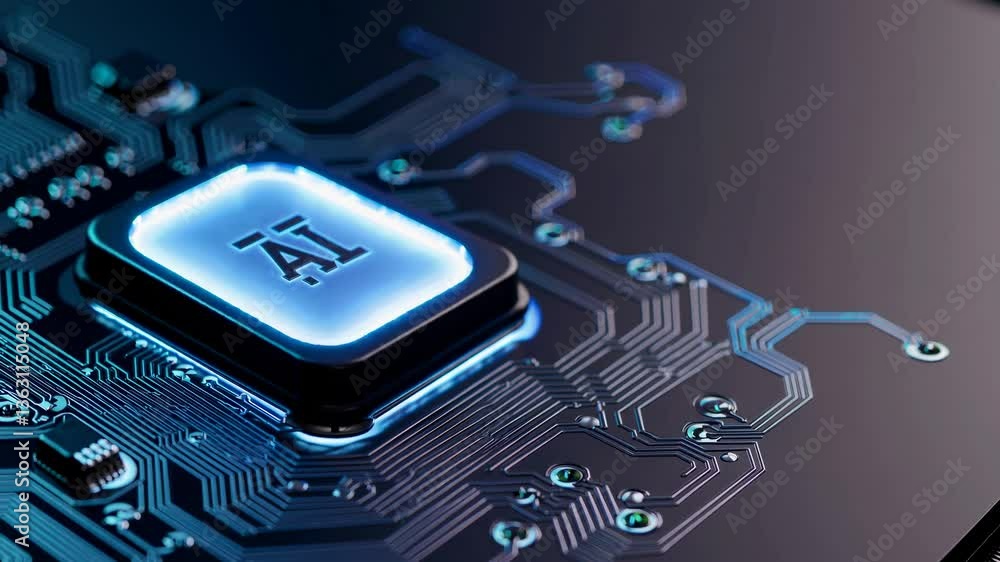 Poster close-up, angled view of a glowing ai chip on a circuit board, highlighting technology and innovatio