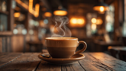 Fototapeta premium A steaming cup of coffee rests on a rustic wooden table in a cozy cafe, inviting warmth and relaxation with soft lighting and a blurred background.