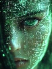 Womans face with digital code overlay.