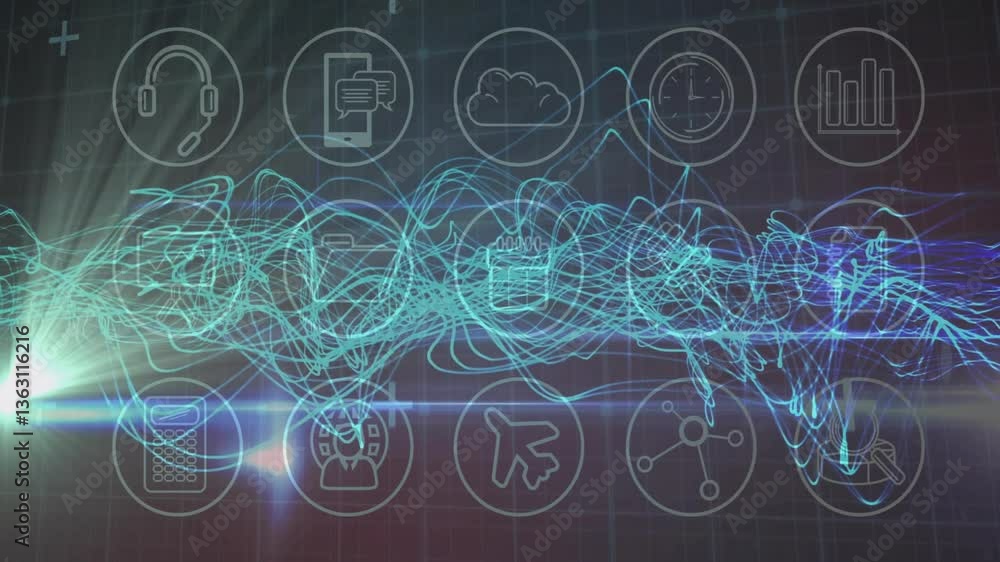Poster animation of digital waveforms and icons illustrating technology in school setting