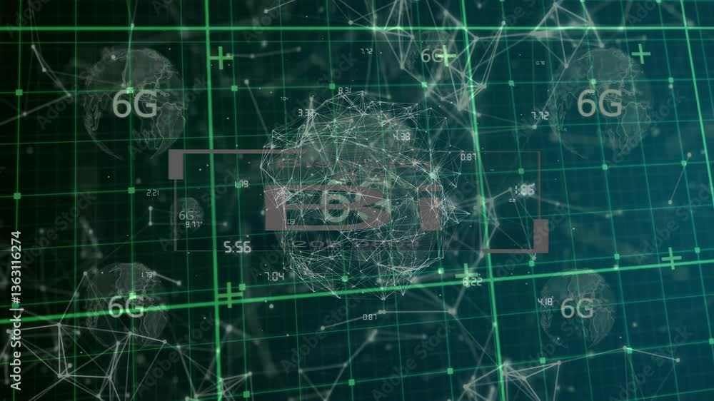 Poster digital network and data processing animation with 5g and 6g technology elements