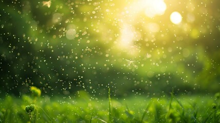 Pollen grains drifting in air, blurred green field behind, symbolizing high pollen levels.