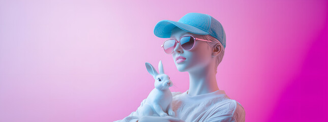portrait of confident young chic model dressed as a marble statue; woman in cap and goggles holding a white bunny as easter season symbol; pink background; concept of women spring fashion, copy space
