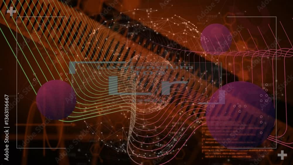 Aufkleber animation of digital waveforms and geometric shapes on dark background