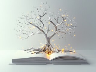 Open book with glowing tree sculpture emerging from pages, symbolizing knowledge and creativity