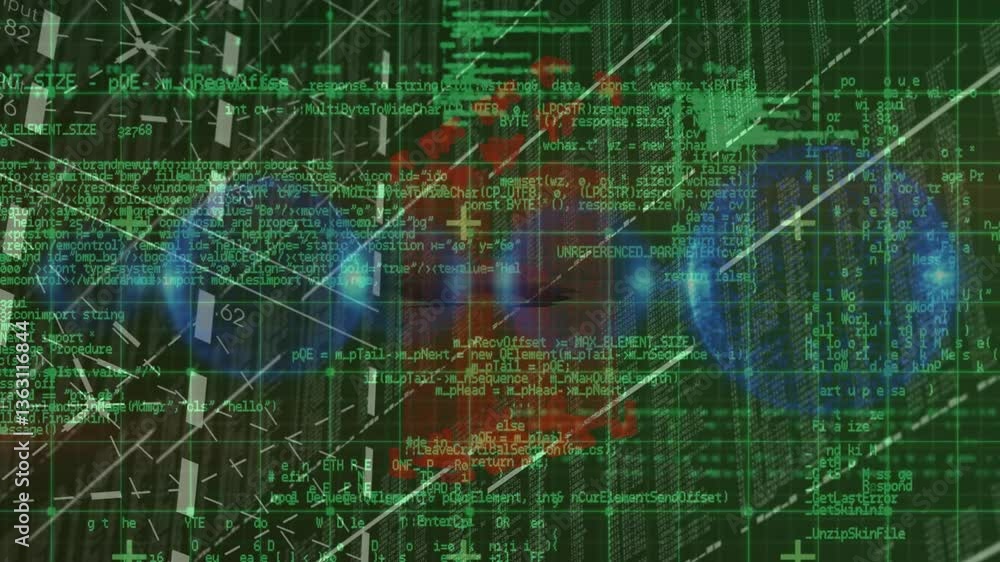 Poster animation of abstract shapes with digital code overlay on green background