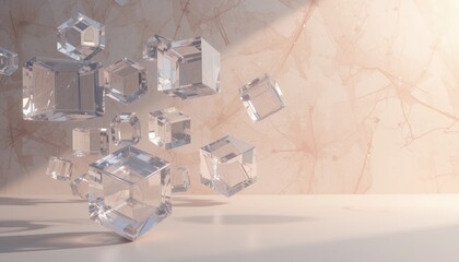 Floating crystal cubes modern interior 3d render bright background abstract composition artistry and design