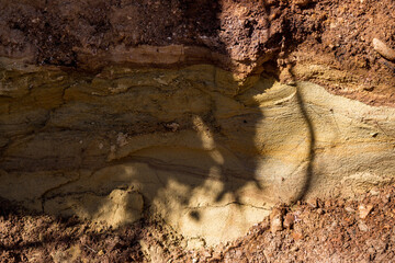 Exposure of layers of yellow sand in a ravine overlain by clay deposits