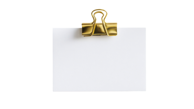 Minimalist Blank Notecard Secured with a Gold Binder Clip Isolated on White Background